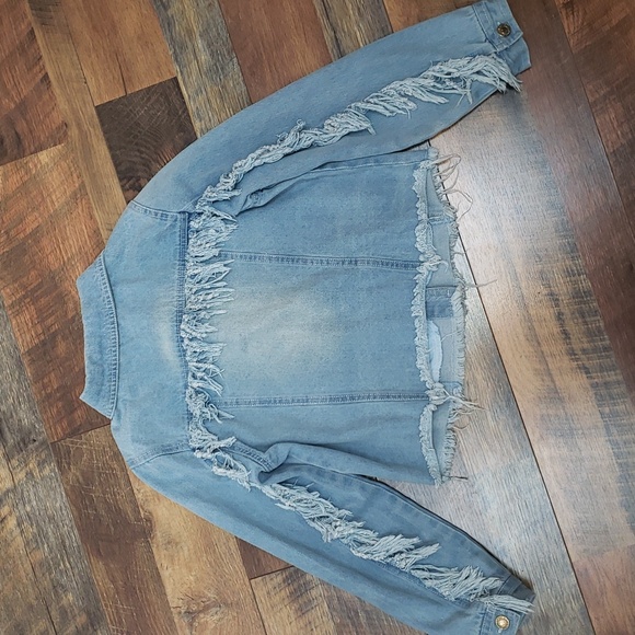 Chillipop Light Wash Denim Jacket with Fringe and Frayed Hem, Size 14/16 - Picture 2 of 6